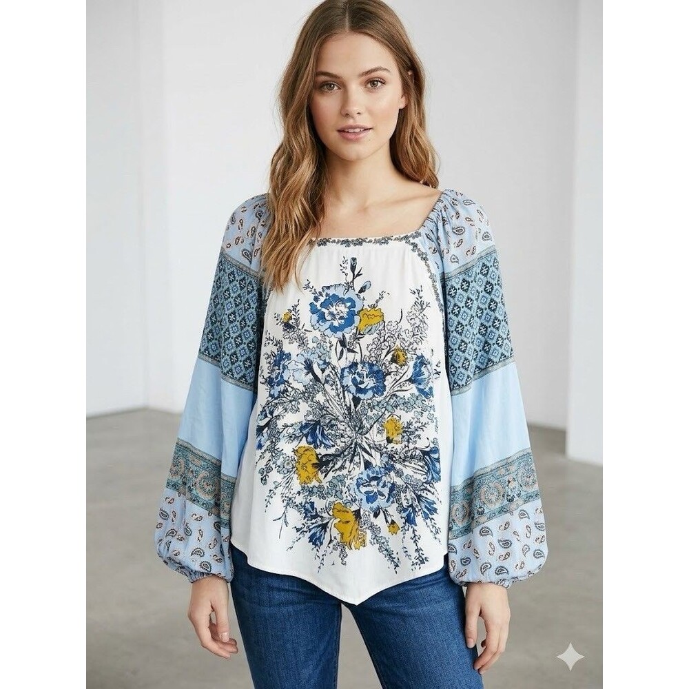 Free People Blue White Positano Print Peasant Floral Boho Blouse L/G, MSRP $128